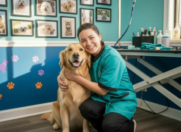 Επαγγελματίας groomer με σκύλο