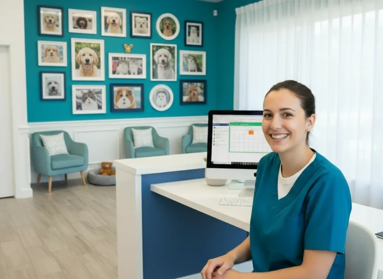 Ρεσεψιόν σαλονιού pet grooming με φωτογραφίες κατοικιδίων